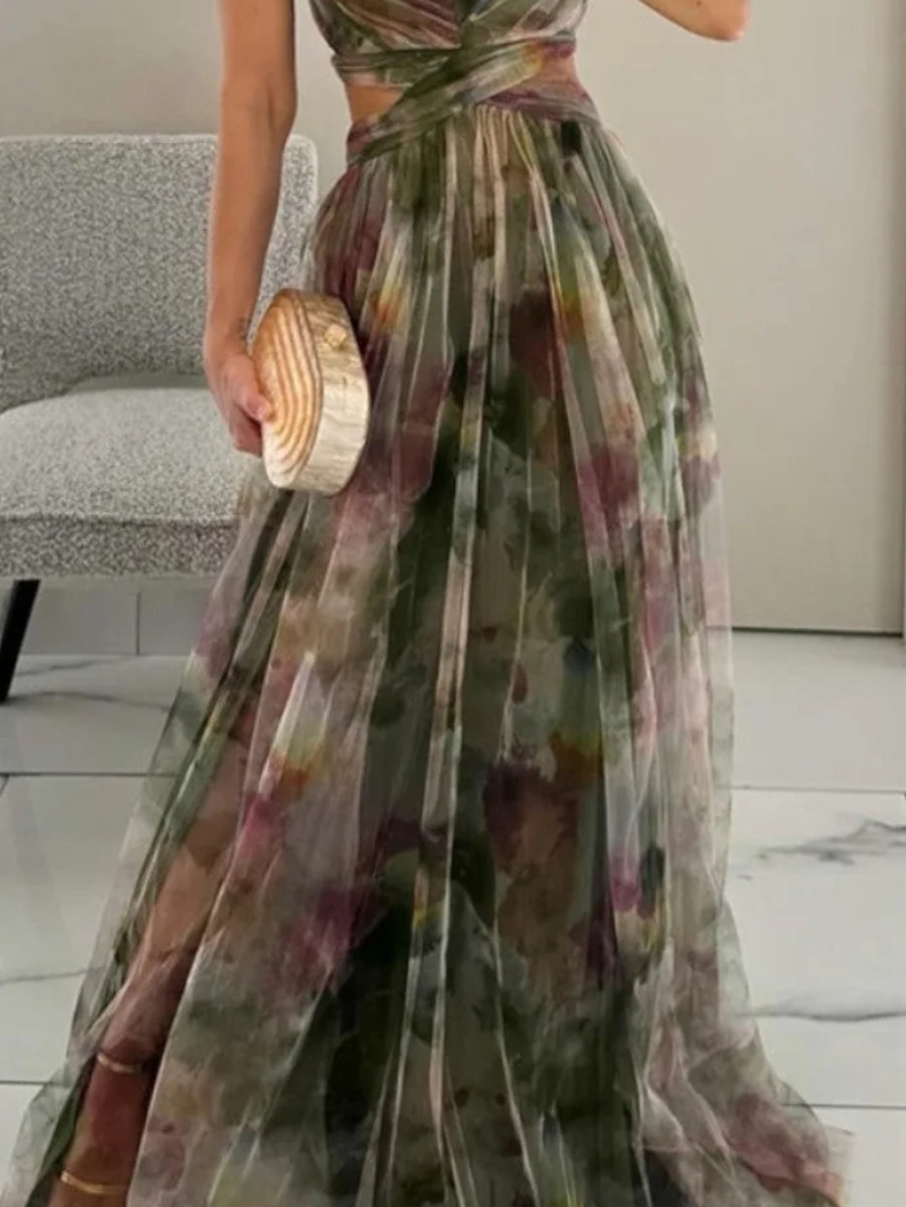 Floral Chiffon Maxi Dress in Olive and Mauve